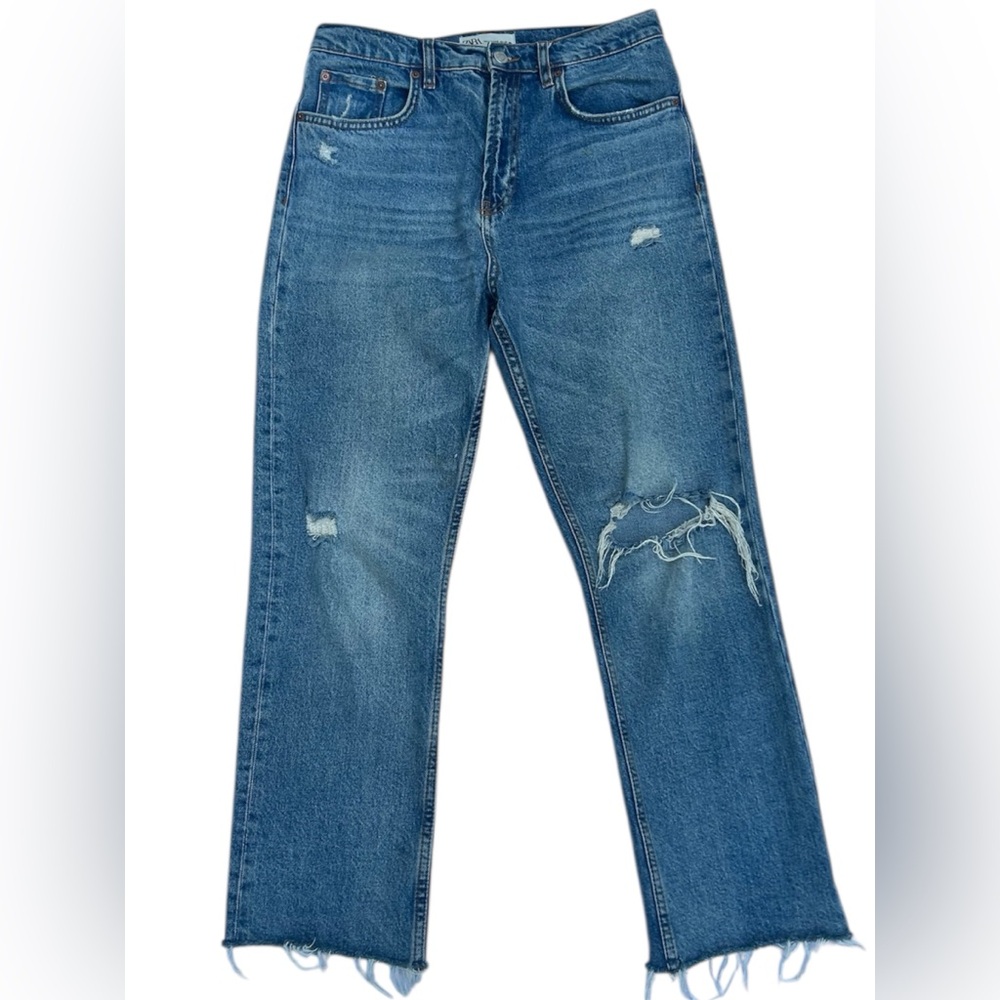 ZARA Women’s HW Kick Premium Stright Leg Raw Hem High Rise Blue Jeans Size: 8